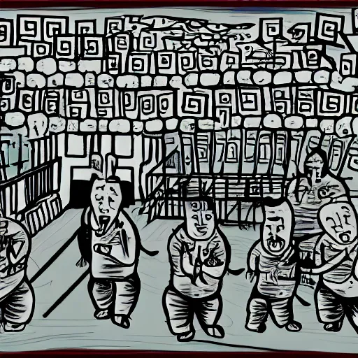 Image similar to chinese men in a prison, heart kidney lungs, in the style of daniel johnston and outsider art, 4k, line brush