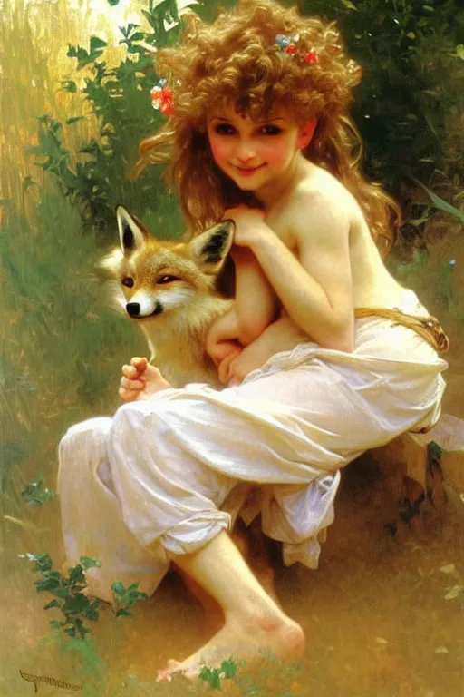 Image similar to a seven - year old with curly dirty blonde hair playing with foxes, painting by daniel gerhartz, alphonse mucha, bouguereau, detailed art, artstation