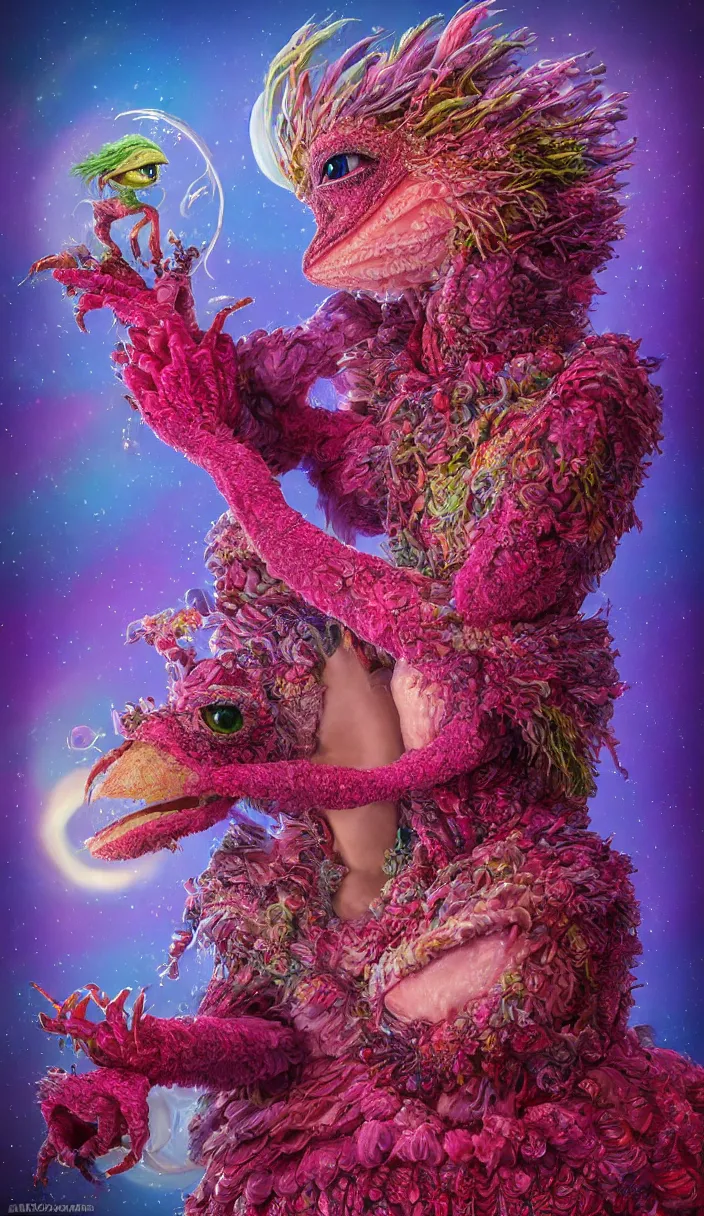 Image similar to hyper detailed 3d render like a Oil painting - kawaii portrait of two Aurora (a beautiful skeksis muppet fae queen protector heroine from dark crystal that looks like Anya Taylor-Joy) seen red carpet photoshoot in UVIVF posing in scaly dress to Eat of the Strangling network of yellowcake aerochrome and milky Fruit and His delicate Hands hold of gossamer polyp blossoms bring iridescent fungal flowers whose spores black the foolish stars by Jacek Yerka, Ilya Kuvshinov, Mariusz Lewandowski, Houdini algorithmic generative render, Abstract brush strokes, Masterpiece, Edward Hopper and James Gilleard, Zdzislaw Beksinski, Mark Ryden, Wolfgang Lettl, hints of Yayoi Kasuma and Dr. Seuss, octane render, 8k