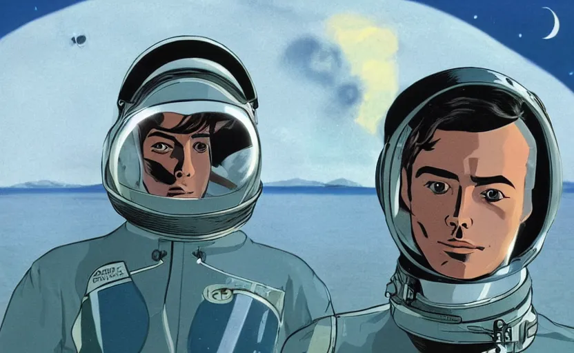 Image similar to a portrait of Alain Delon pilot in spacesuit posing on field forrest spaceship station landing laying lake artillery outer worlds shadows in FANTASTIC PLANET La planète sauvage animation by René Laloux