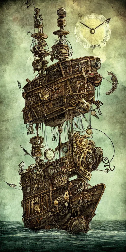 Prompt: a detailed digital painting of a steampunk pirate ship by alexander jansson