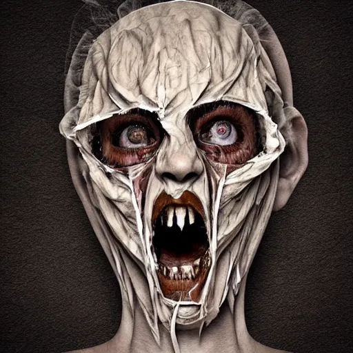 Image similar to face shredded like paper as skin peeling scream, dark, surreal, illustration, realistic horror