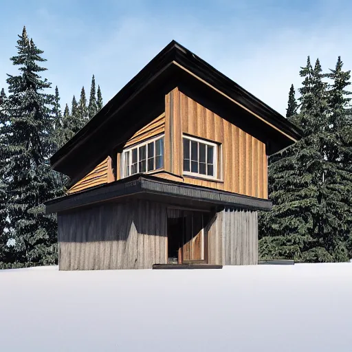 Image similar to a modern half - timbered house on the foot of elbrus mountain a digital rendering by schelte a bolswert, featured on polycount, de stijl, reimagined by industrial light and magic, angular, symmetrical