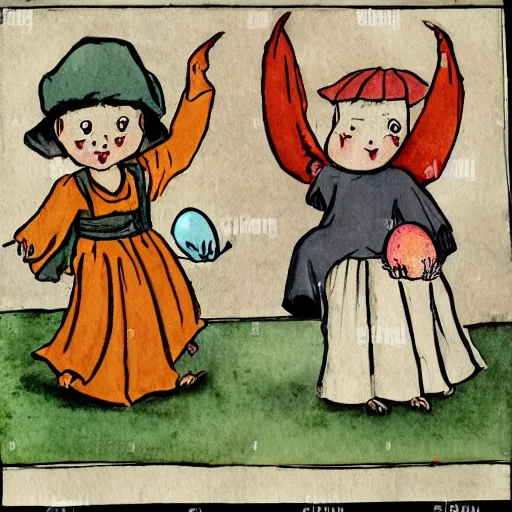 Image similar to two orphans with hats and middle ages simple clothes, holding eggs with their arms, running from a flying angry chicken, illustration for children, bright faded watercolor on grainy paper,. accurate anatomy. symmetry.