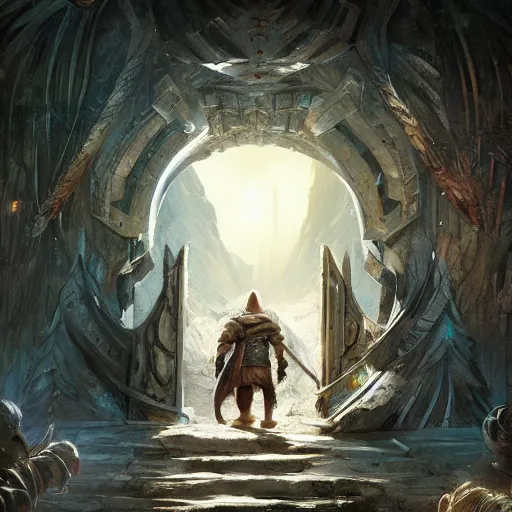 Prompt: beautiful digital painting of front gate of dwarf city of Erebor from Hobbit trending on Artstation, by Daniel Dociu and Greg Rutkowski, high quality, ultra detailed, ultra realistic, concept art, landscape, architecture, city gate