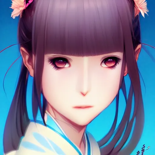 Image similar to smiling super detailed eyes eyebrowless perfec girl in kimono by Stanley Artgerm Lau, Rossdraws, James Jean, Andrei Riabovitchev, Marc Simonetti, and kyoani, krenz cushart, pixiv, manga cover