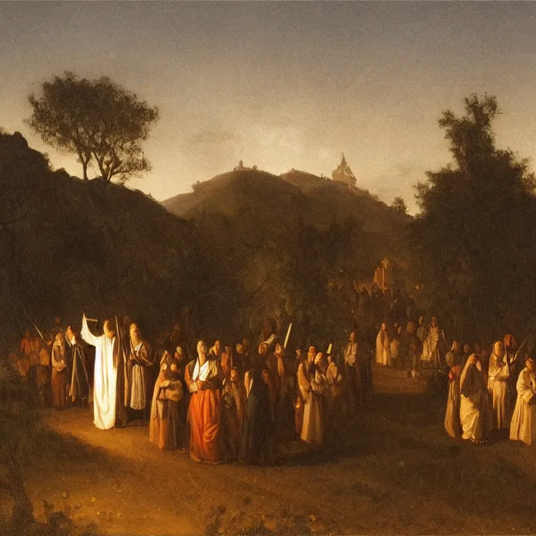 Image similar to A Holy Week procession of souls in a lush Spanish landscape at night. A figure at the front holds a cross. Petrus van Schendel.