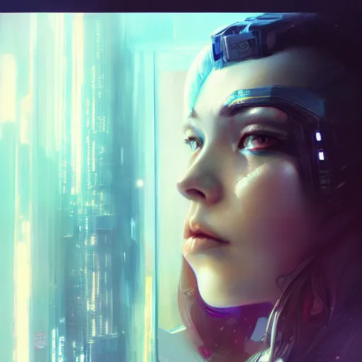 Image similar to art by ross tran, portrait of cyberpunk woman looking out of a window, cyberpunk setting, futuristic, highly detailed, intricate lighting, digital painting, sharp focus, illustration, trending on artstation, by anna dittmann, karol bak, charlie bowater.