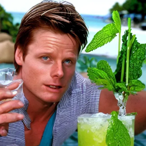 Image similar to marty mcfly drinking a mojito on the beach