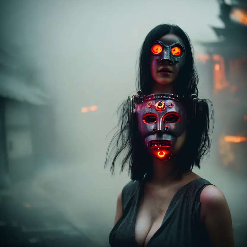 Prompt: a photo close up cyberpunk woman, wearing demon mask, fire dance in cyberpunk dirty alley, smoke mist rain, cyberpunk gunma prefecture, midnight, photorealistic, cinematic color, studio lighting, highly detailed, bokeh, style by tomino - sama