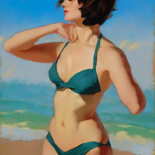 Prompt: greg manchess painting of tracer wearing a 1 9 2 0 s bikini in a beach, medium shot, organic painting, sunny day, bold shapes, hard edges, street art, trending on artstation, by huang guangjian and gil elvgren and sachin teng and artgerm and greg rutkowski and alphonse mucha