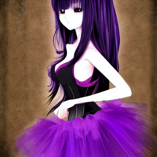 Prompt: a beautiful anime woman with long black hair, wearing a black corset top and a purple tutu, digital art, fantasy art