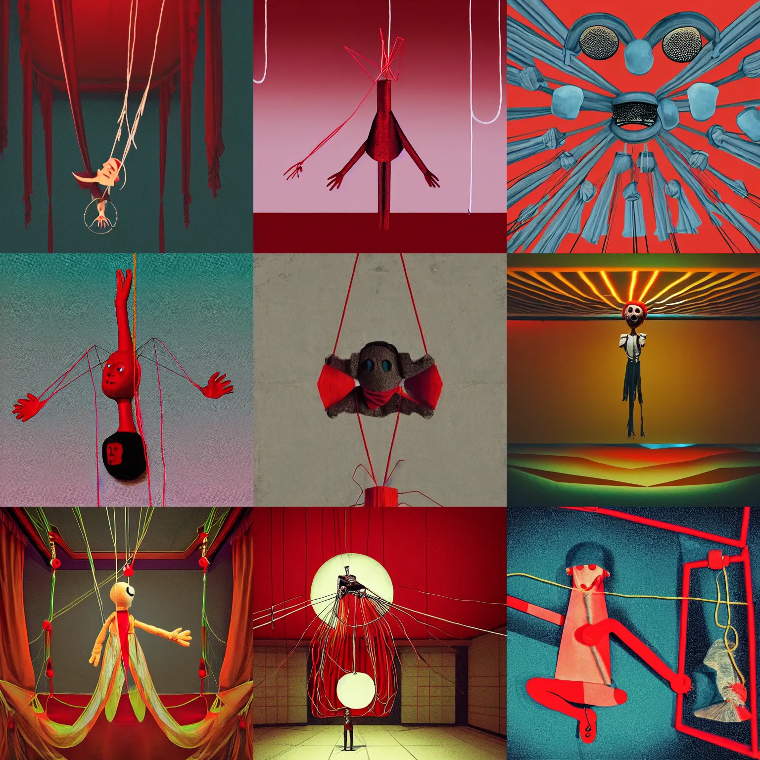 Prompt: puppet with strings attached to the ceiling behind red curtens, an album cover by Apelles, featured on dribble, behance, holography, neoplasticism, holographic, cosmic horror, skeuomorphic, parallax