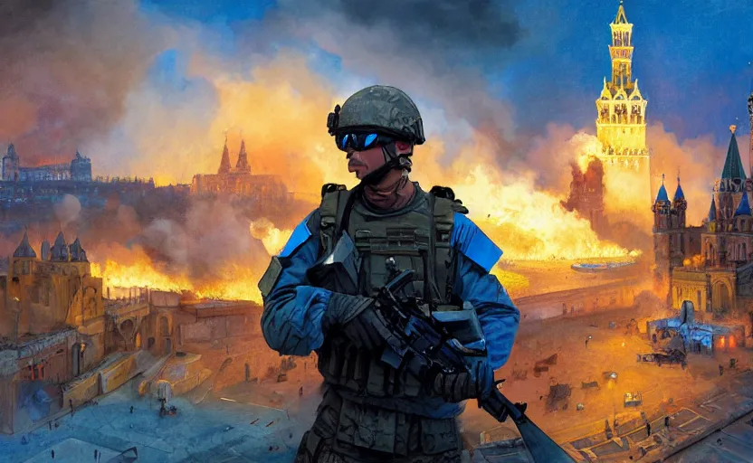 Image similar to special forces soldier with ukrainian blue and yellow shoulder patch watches red square kremlin burn in the background, d & d, fantasy, bright atmosphere, volumetric lights, intricate, elegant, extremely detailed, digital painting, artstation, concept art, matte, smooth, sharp focus, hyper realistic, illustration, art by artgerm and greg rutkowski and alphonse mucha