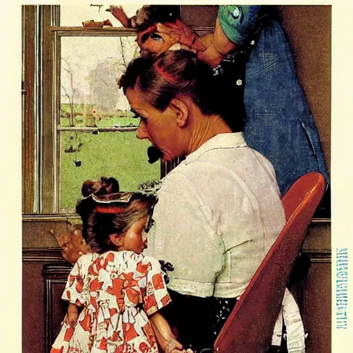 Image similar to woman with the magical ability to give life to the dolls she makes, by norman rockwell