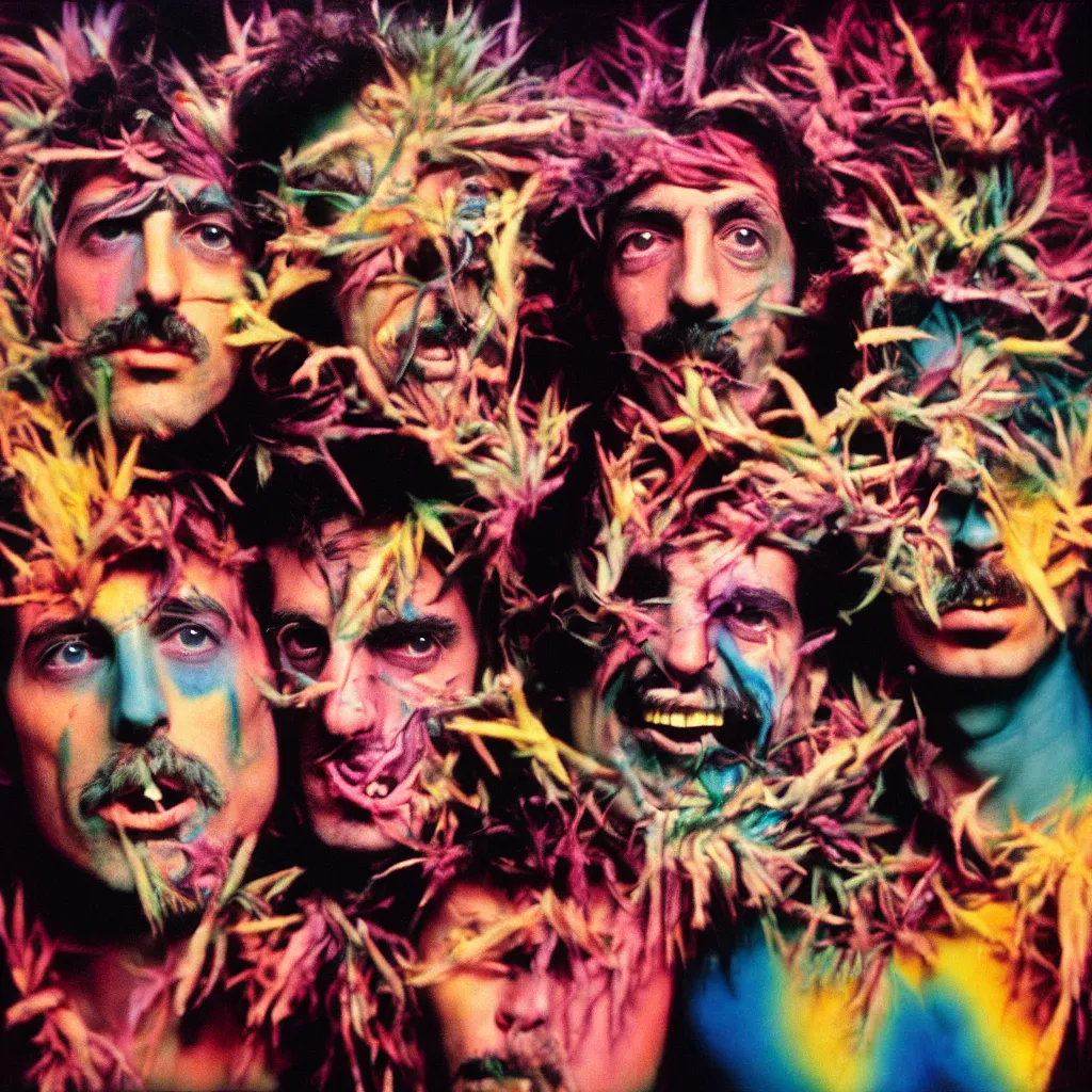 Image similar to award winning photo of pink floyd and frank zappa tripping on lsd and smoking weed, vivid colors, happy, symmetrical face, beautiful eyes, studio lighting, wide shot art by Sally Mann & Arnold Newman