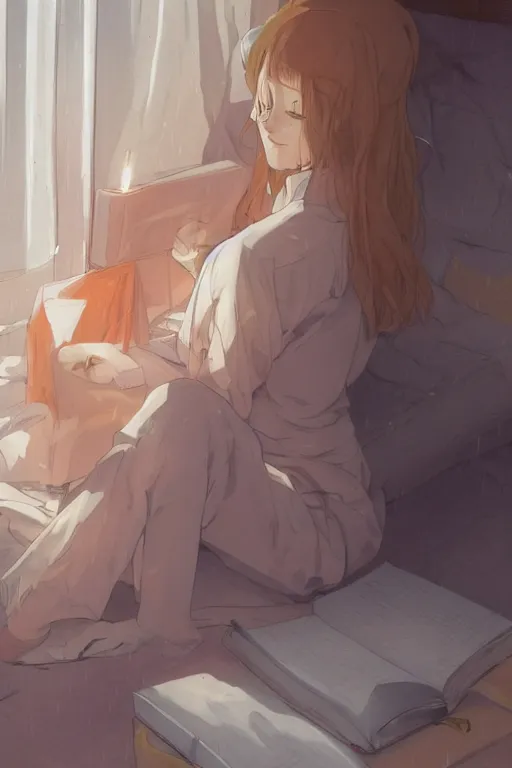 Image similar to a teenage girl in a jk uniform outfit in the bedroom reading a book in a night, raining outside the window, grey and orange theme ， wavy white long hair, by krenz cushart and mucha and akihito yoshida and greg rutkowski and makoto shinkai, detailed eyes, 4 k resolution