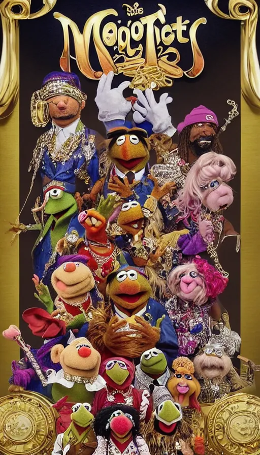 Image similar to the muppets are are gangsta rappers on stage at a concert, dressed in ornate hip hop clothing and wearing gold necklaces and bling, intricate, highly detailed, digital painting, artstation, symmetrical, concept art, smooth, sharp focus, illustration, unreal engine 5, 8 k, art by artgerm and greg rutkowski and alphonse mucha