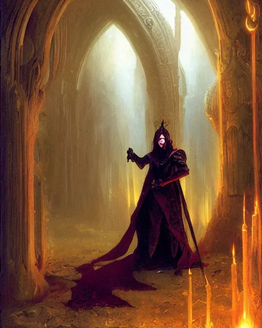 Image similar to A dark mage. He is wearing mage armor and a crown. He is frowning seriously. He is preparing to cast a dark spell. He is standing in a wizards room. Award winning oil painting by Thomas Cole and Wayne Barlowe. Highly detailed