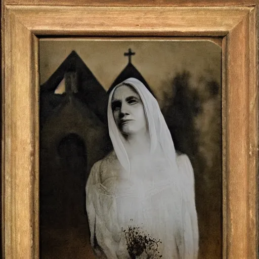 Image similar to picture of ghostly bride in front of an old wooden white church, 1 9 th century southern gothic scene, made by chausheva, katia