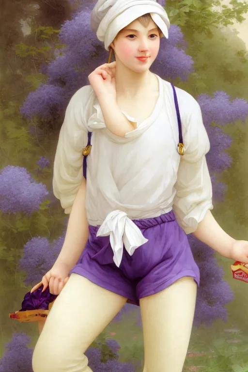 Image similar to Full View girl with short blond hair wearing an oversized purple Beret, Baggy Purple overall shorts, Short Puffy pants made of silk, silk shoes, a big billowy scarf, Golden Ribbon, and white leggings Covered in stars. Short Hair. masterpiece 4k digital illustration by Ruan Jia and Mandy Jurgens and Artgerm and william-adolphe bouguereau, award winning, Artstation, art nouveau aesthetic, Alphonse Mucha background, intricate details, realistic, panoramic view, Hyperdetailed, 8k resolution, intricate art nouveau