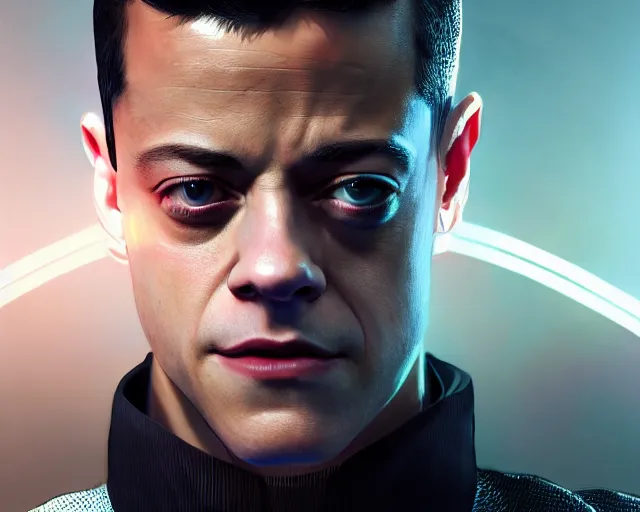 Image similar to highly detailed portrait of rami malek as an android, in detroit : become human, stephen bliss, unreal engine, fantasy art by greg rutkowski, loish, rhads, ferdinand knab, makoto shinkai and lois van baarle, ilya kuvshinov, rossdraws, tom bagshaw, global illumination, radiant light, detailed and intricate environment