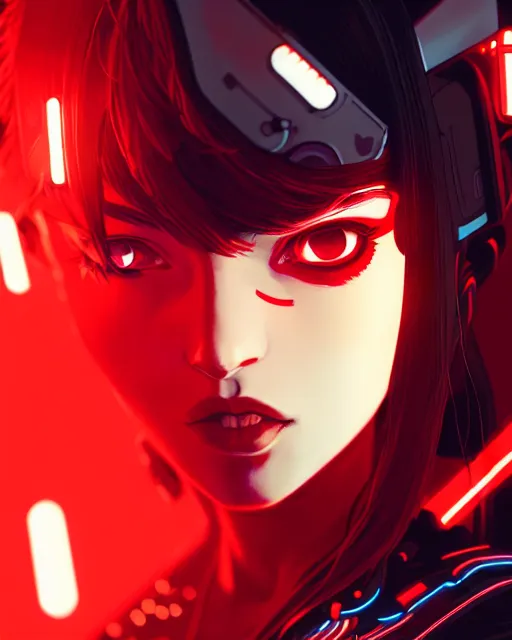 Image similar to a detailed potrait of a cyberpunk cyborg girl with black and red parts, fine - face, realistic shaded perfect face, fine details. night setting. very anime style. realistic shaded lighting poster by ilya kuvshinov katsuhiro, unreal engine, global illumination, radiant light, detailed and intricate environment