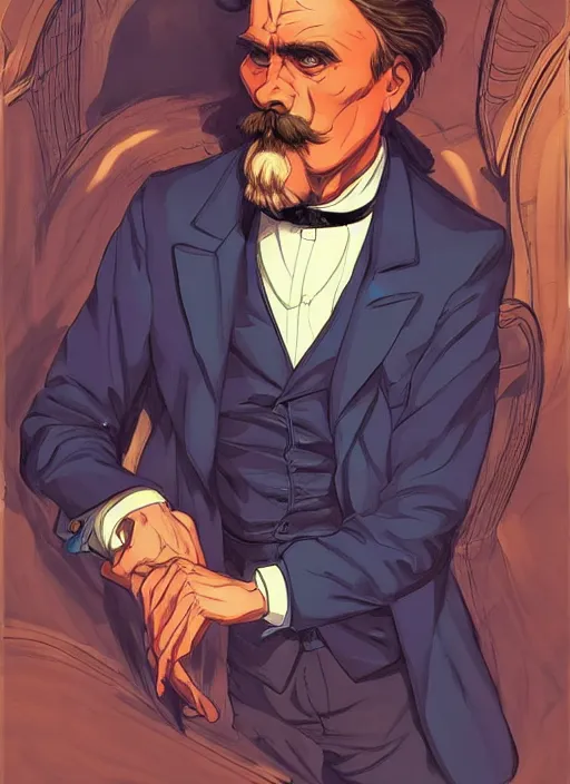 Prompt: Friedrich Nietzsche with a chiseled Jawline and serious Look, in his suit, in the Style of Artgerm and Ross Draws and Mike Mignola, vibrant colors and hard shadows and strong rim light, Comic Cover Art, plain background, trending on artstation