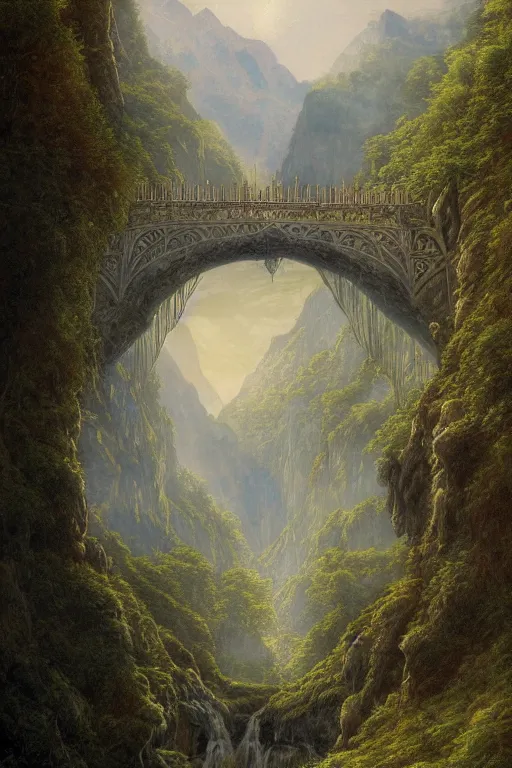 Image similar to beautiful detailed matte painting of Rivendell at the gorge, evening, Alan Lee, Artstation