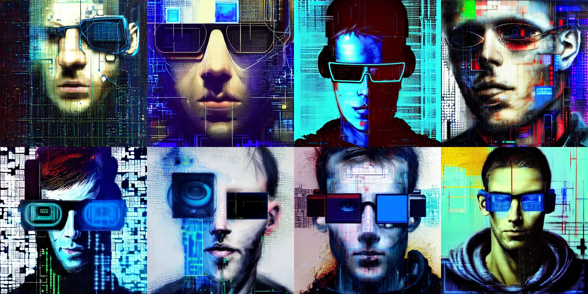 Prompt: hyperrealistic portrait of a cyberpunk hacker that can see the future, male, by Guy Denning, Johannes Itten, Russ Mills, glitch art, hacking effects, glitch effects, cybernetics, digital sunglasses, detailed lines, chromatic, color blocking, oil on canvas, highly detailed, artistic, front view, symmetrical, octane, concept art, abstract, deep blue, 8k, cinematic, trending on artstation