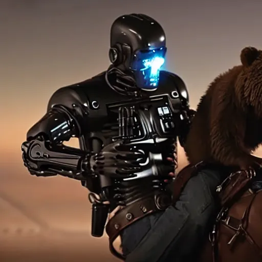 Image similar to a terminator android dressed as a cowboy while mounting a bear, 8 k, movie still, high detail, hyperrealistic