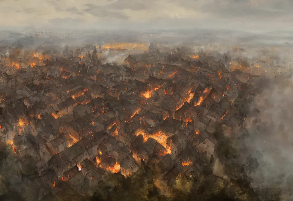 Image similar to bird eye view of a medieval village on fire, artstation, jakub rozalski, high detail, day, fog