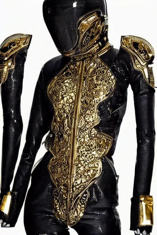 Image similar to futuristic suit made of carbon and gold, fashion outfit design, intricate, ornate, luxury, insane details