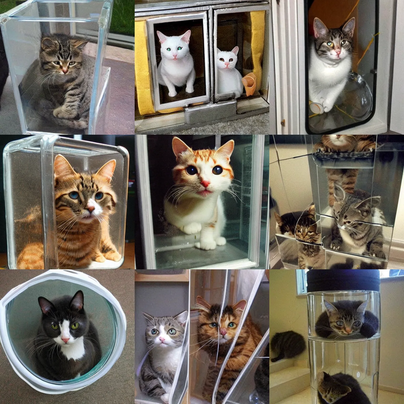 Prompt: cats stuck in glass containers, funny