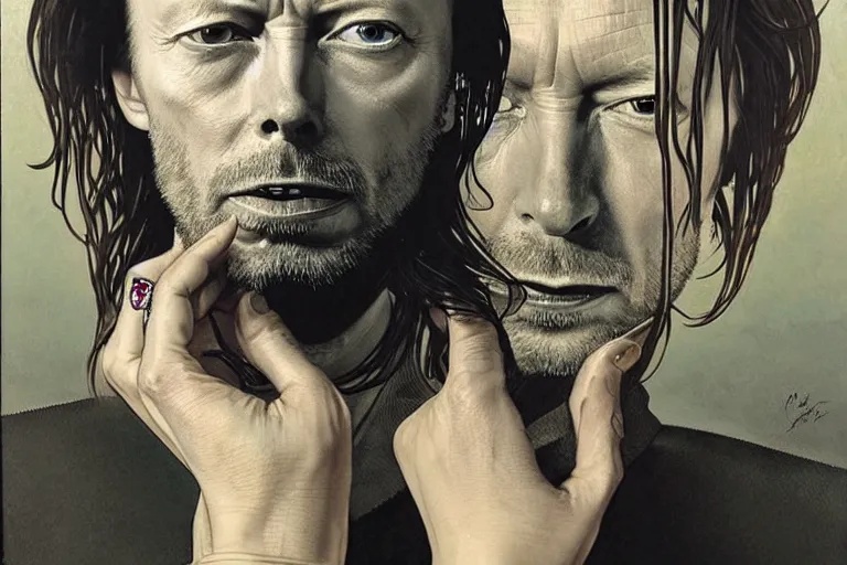 Image similar to hyper realistic portrait of thom yorke mixed with david bowie, bigger forehead, bigger chin, from the side, by lee bermejo, alphonse mucha and greg rutkowski