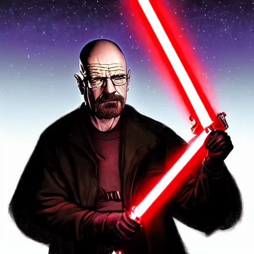 Image similar to Walter White holding a red light saber, accurate anatomy, accurate hands, highly detailed, digital art, portrait,