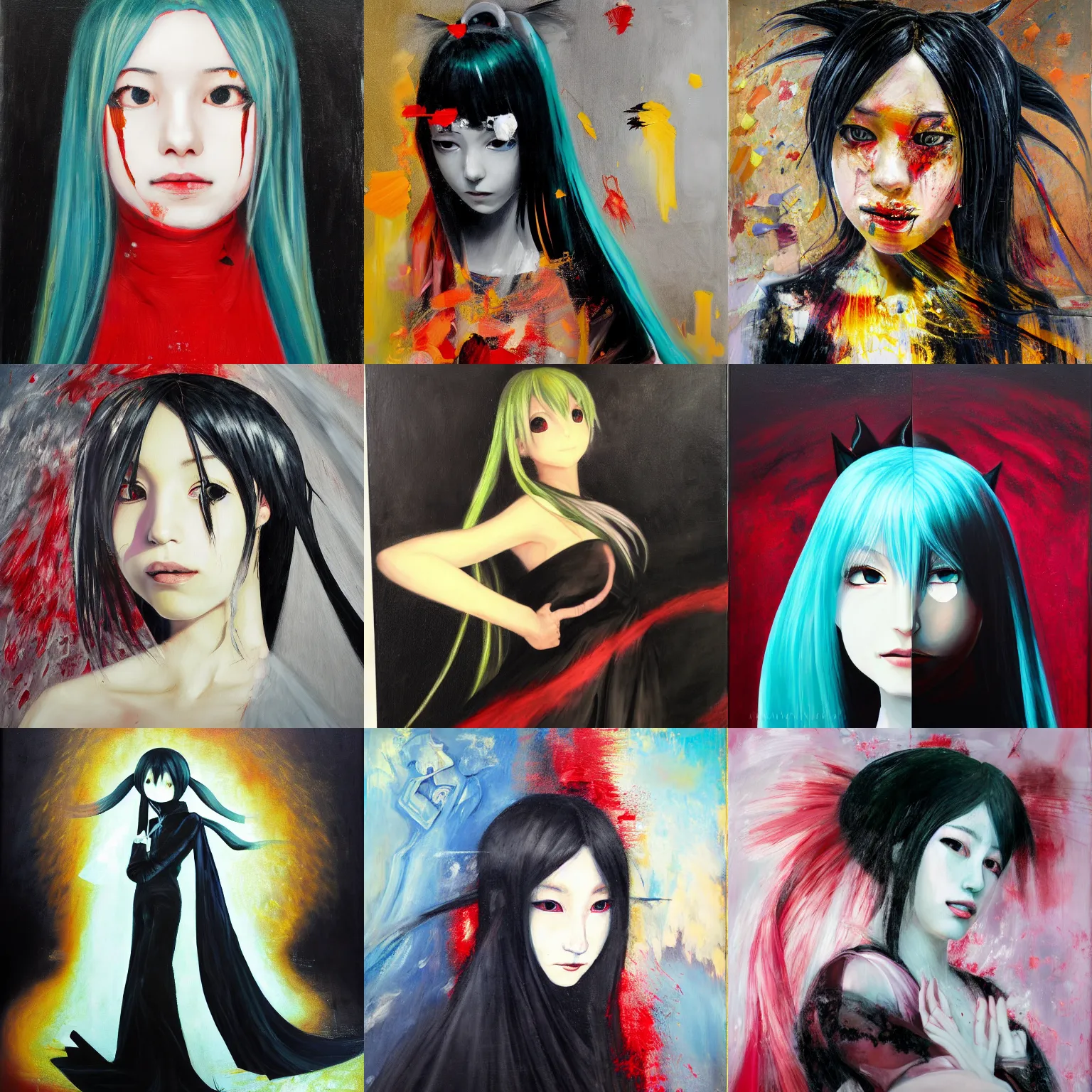 Image similar to , a very soft and dark haunting oil painting portait of hatsune miku in a black golden wedding dress, tachisme, scarlet background, by georges mathieu and antonio saura, tachisme, lyrical abstraction, action painting, ethereal, evil presence, haunted painting, tachisme, low lighting, georges mathieu, tachisme painting