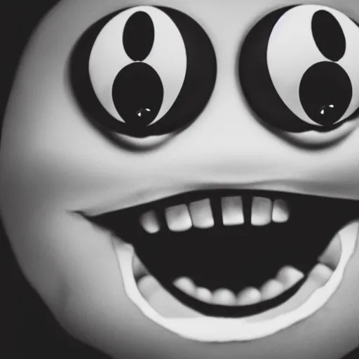 Prompt: evil monochrome spongebob with scary mouth and teeth and red eyes coming out of a static tv, creepy, 4 k, dark, horror, dramatic, realistic, studio portrait, front view