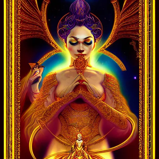 Prompt: tarot card, rendering beautiful woman saraswati goddess of creativity, various angles by ross tran, albino peacock, golden ratio, vivid colors, trending on ArtStation, cgsociety gustav klimt frame, dusk, gold, time, cosmos