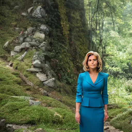 Image similar to cinematic movie still of a fox news anchorwoman reporting from rivendell, lord of the rings movie, by daniella zalcman, directed by peter jackson, highly detailed, canon eos r 3, f / 1. 4, iso 2 0 0, 1 / 1 6 0 s, 8 k, raw, symmetrical balance