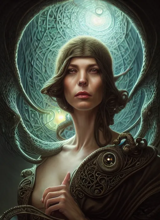 Prompt: portrait shot of a female detective in a scenic lovecraftian environment, intricate, elegant, highly detailed, centered, digital painting, artstation, concept art, smooth, sharp focus, illustration, artgerm, tomasz alen kopera, peter mohrbacher, donato giancola, joseph christian leyendecker, wlop, boris vallejo