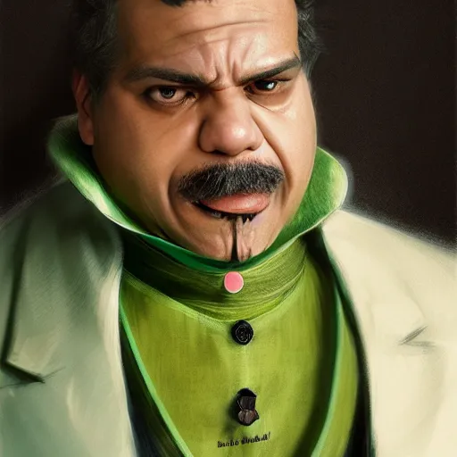 Prompt: hyper realistic, realistic - anime, portrait, beautifully rendered, italian garb the future, scifi, caricature, luis guzman as luigi wearing green, smirking deviously, luigi, luigi's nose, painted by gustave courbet, greg rutkowski, wlop, artgerm, dishonored 2,