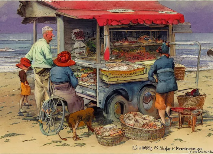 Prompt: storybook illustration of crab sellers, 1 9 5 0 s americana tourism, designed by jean baptiste monge but in lowbrow pop art style, high resolution, fine details, muted colors