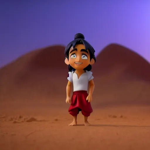 Image similar to aladdin's genius of the lamp as nendoroid walking in a desert in the croods movie style, anime, disney, pixar, 8 k, hd, dof, kodak film, volumetric lighting, subsurface scattering, photorealistic, octane render, details