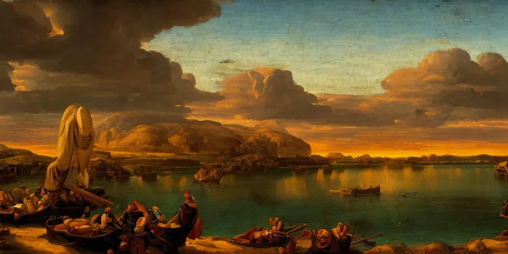 Image similar to Highly detailed and cinematic Renaissance period oil painting of the Nile, an oil painting ((masterpiece)) by ((Josep Tapiró Baró)), dynamic lighting, 8K