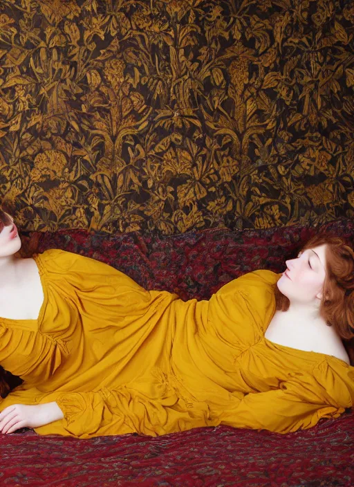 Image similar to preraphaelite photography reclining on bed, big brown fringe, yellow ochre ornate medieval dress, william morris, 4 k
