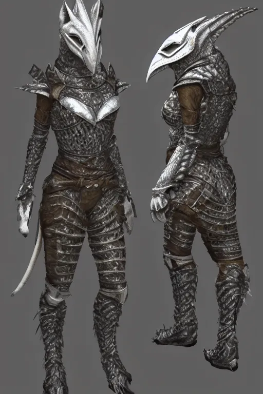 Image similar to female adventurer in tight full - body leather armor of argonian design with white porcelain crow mask, trending in artstation, establishing shot