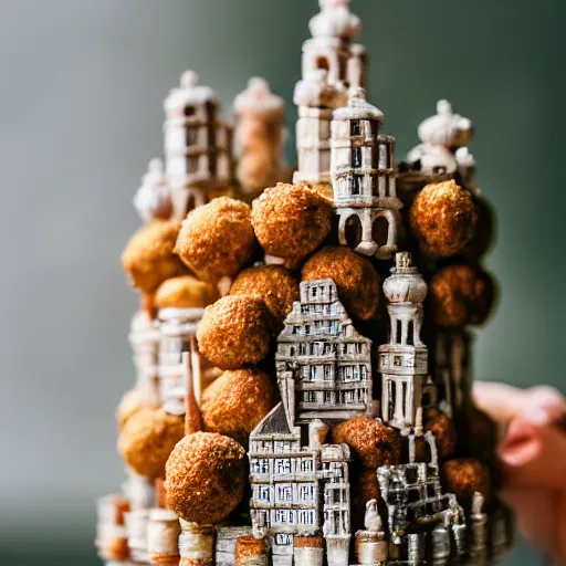 Prompt: macro photo of a miniature secret hidden world with tiny buildings and people inside of a croquembouche