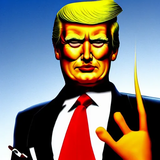 Image similar to character portrait inspired by max headroom and donald trump, digital art work made by brian bolland, highly detailed macabre face, realistic