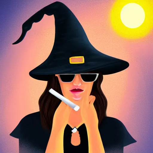 Prompt: digital painting portrait of a young witch wearing a big hat, sunglasses, smoking a cigarette with a night sky background, trending